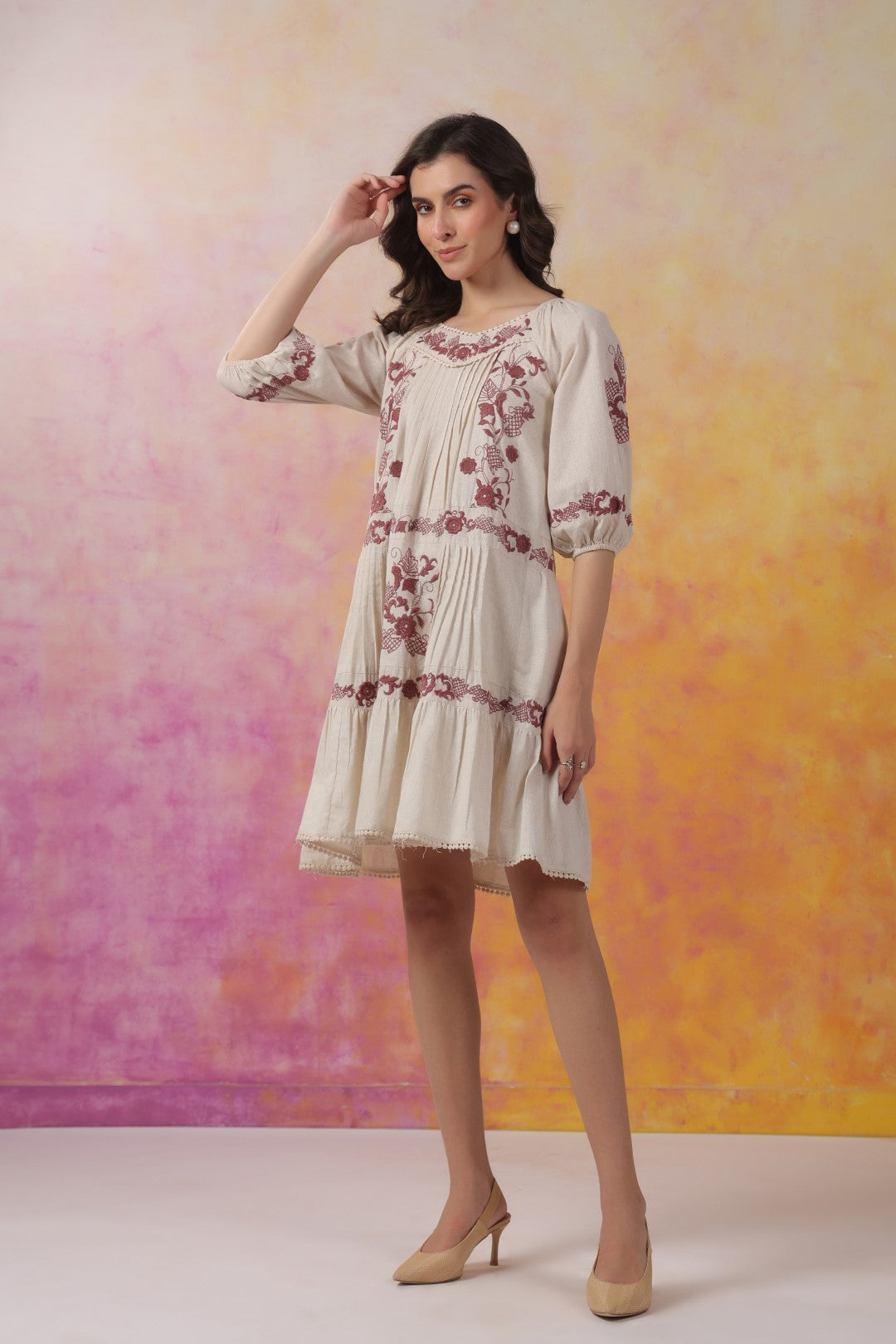 Cream Maroon Embroidered Pleated Tiered Dress
