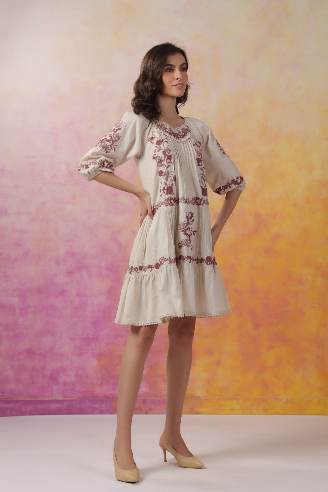 Cream Maroon Embroidered Pleated Tiered Dress