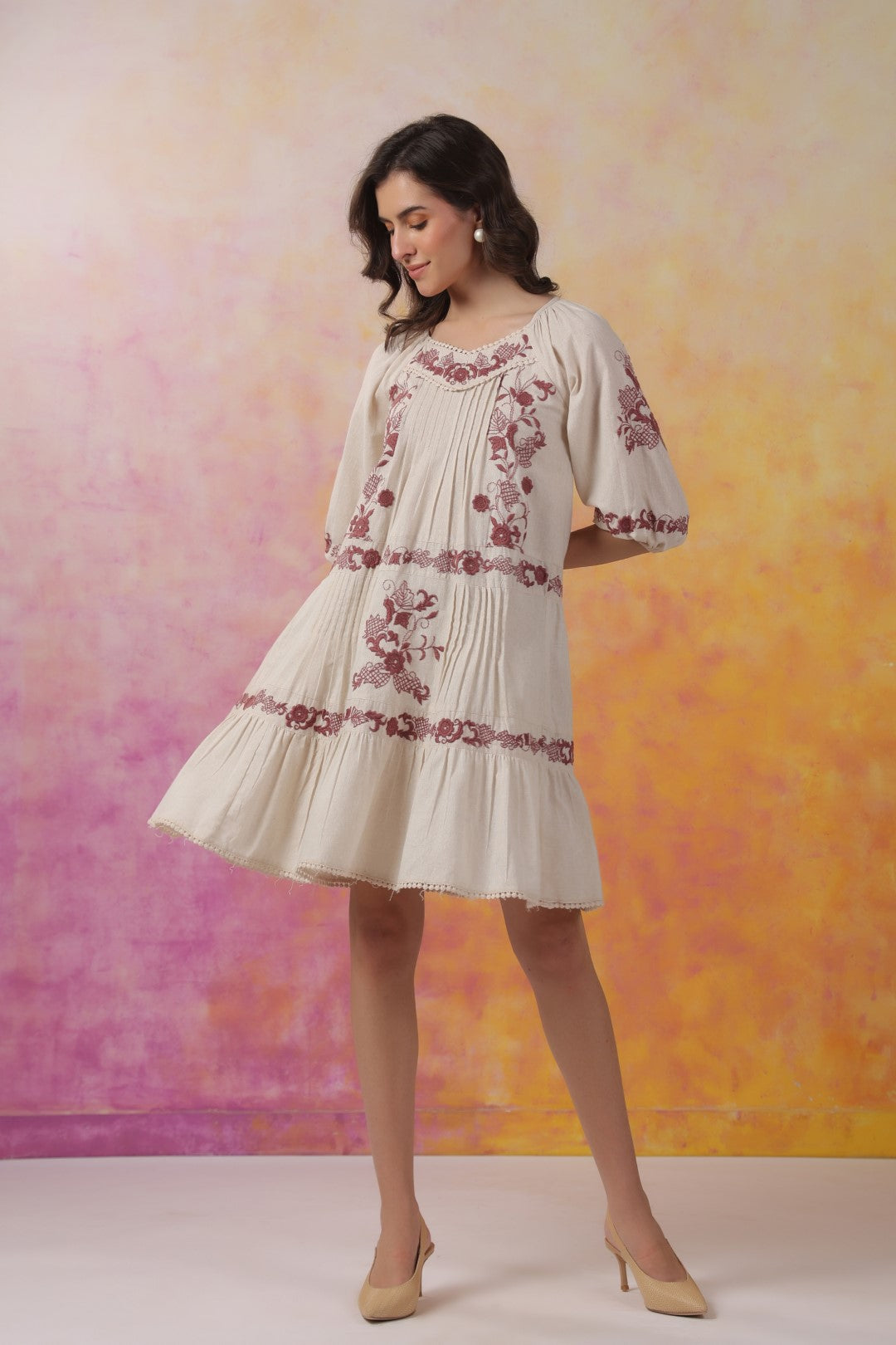 Cream Maroon Embroidered Pleated Tiered Dress
