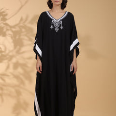 Black Embroidered Cotton Kaftan For Women