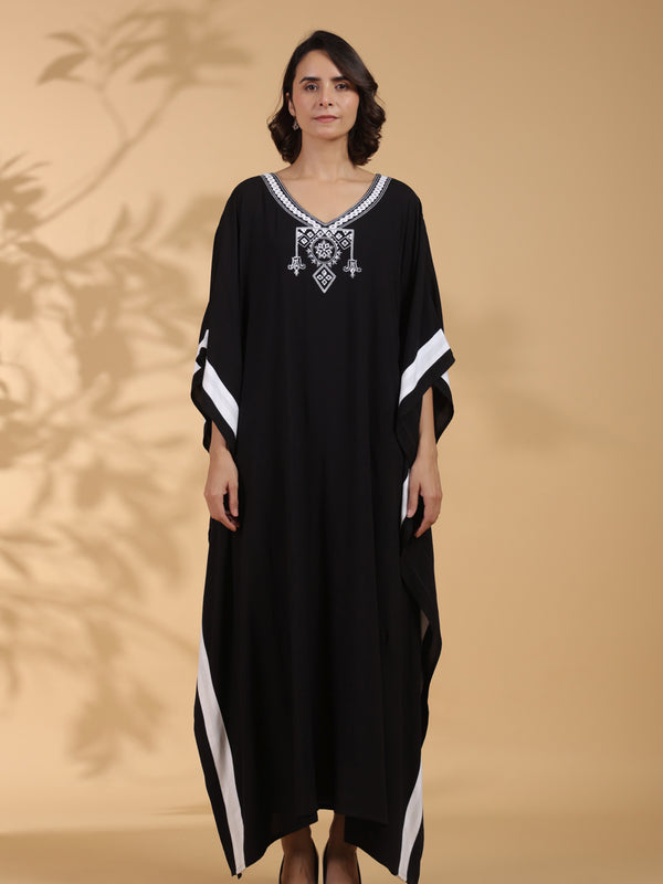 Black Embroidered Cotton Kaftan For Women