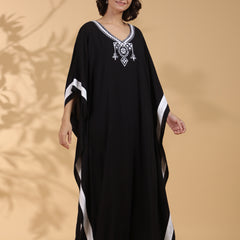 Black Embroidered Cotton Kaftan For Women