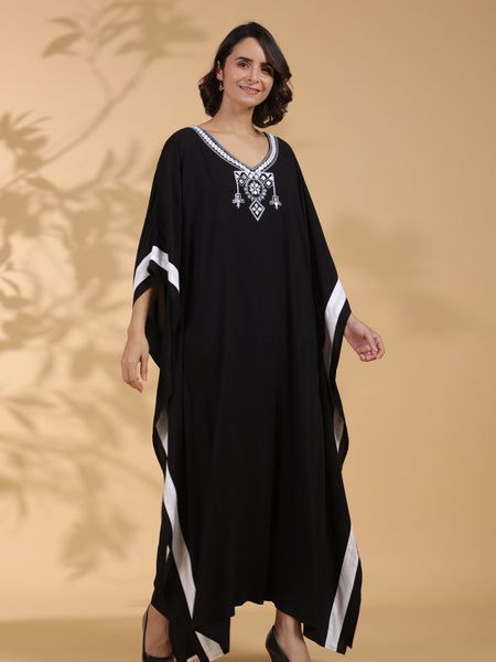 Black Embroidered Cotton Kaftan For Women