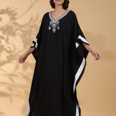Black Embroidered Cotton Kaftan For Women