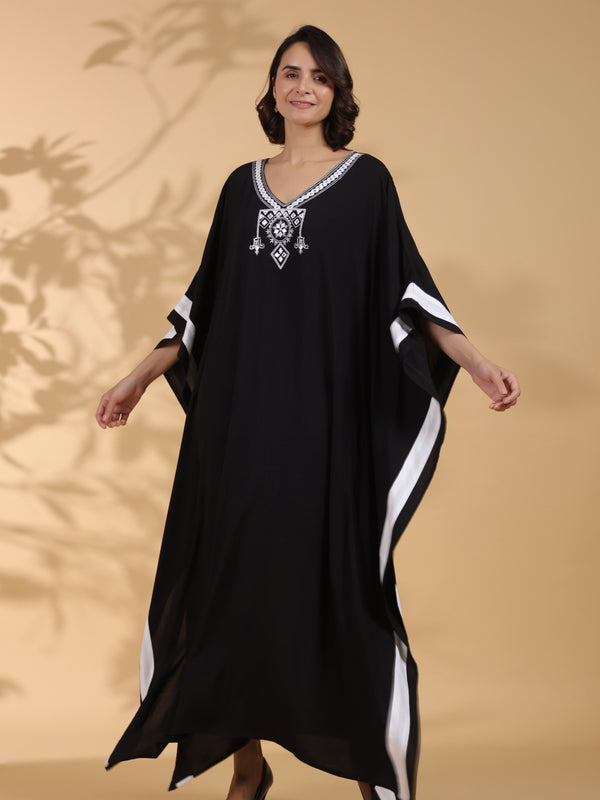 Black Embroidered Cotton Kaftan For Women