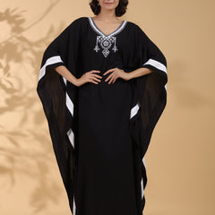 Black Embroidered Cotton Kaftan For Women