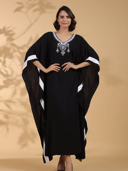 Black Embroidered Cotton Kaftan For Women