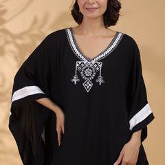 Black Embroidered Cotton Kaftan For Women