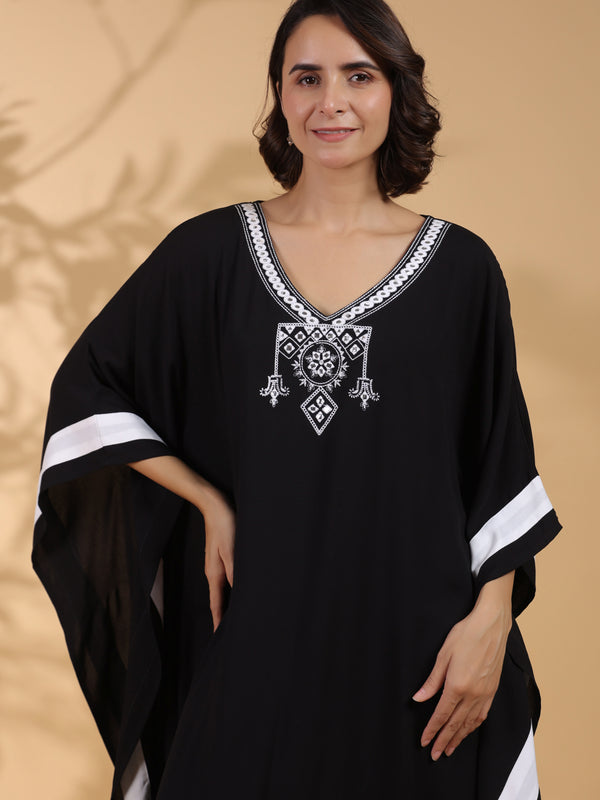 Black Embroidered Cotton Kaftan For Women