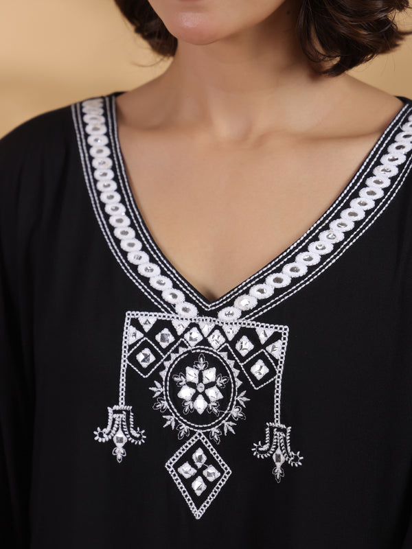 Black Embroidered Cotton Kaftan For Women