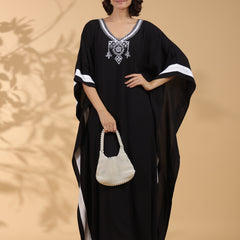 Black Embroidered Cotton Kaftan For Women