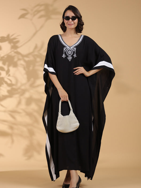 Black Embroidered Cotton Kaftan For Women