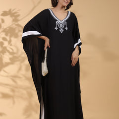 Black Embroidered Cotton Kaftan For Women