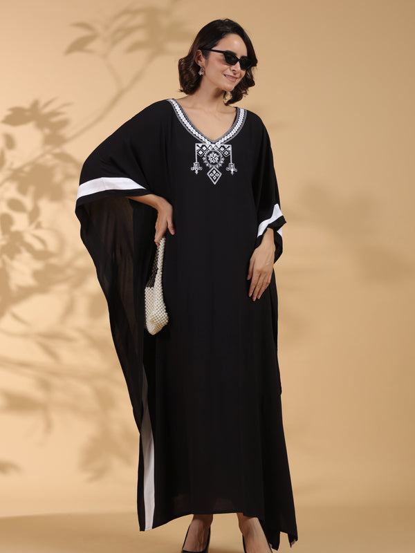 Black Embroidered Cotton Kaftan For Women