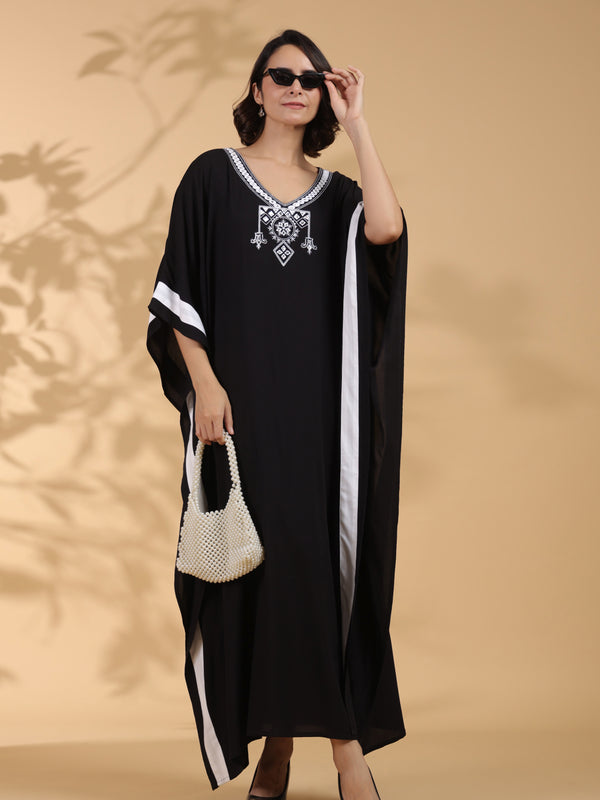 Black Embroidered Cotton Kaftan For Women