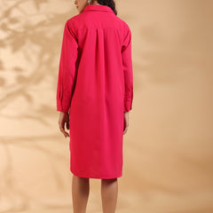 Pink Embroidered Shirt Pattern Midi Dress