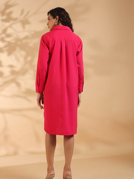 Pink Embroidered Shirt Pattern Midi Dress