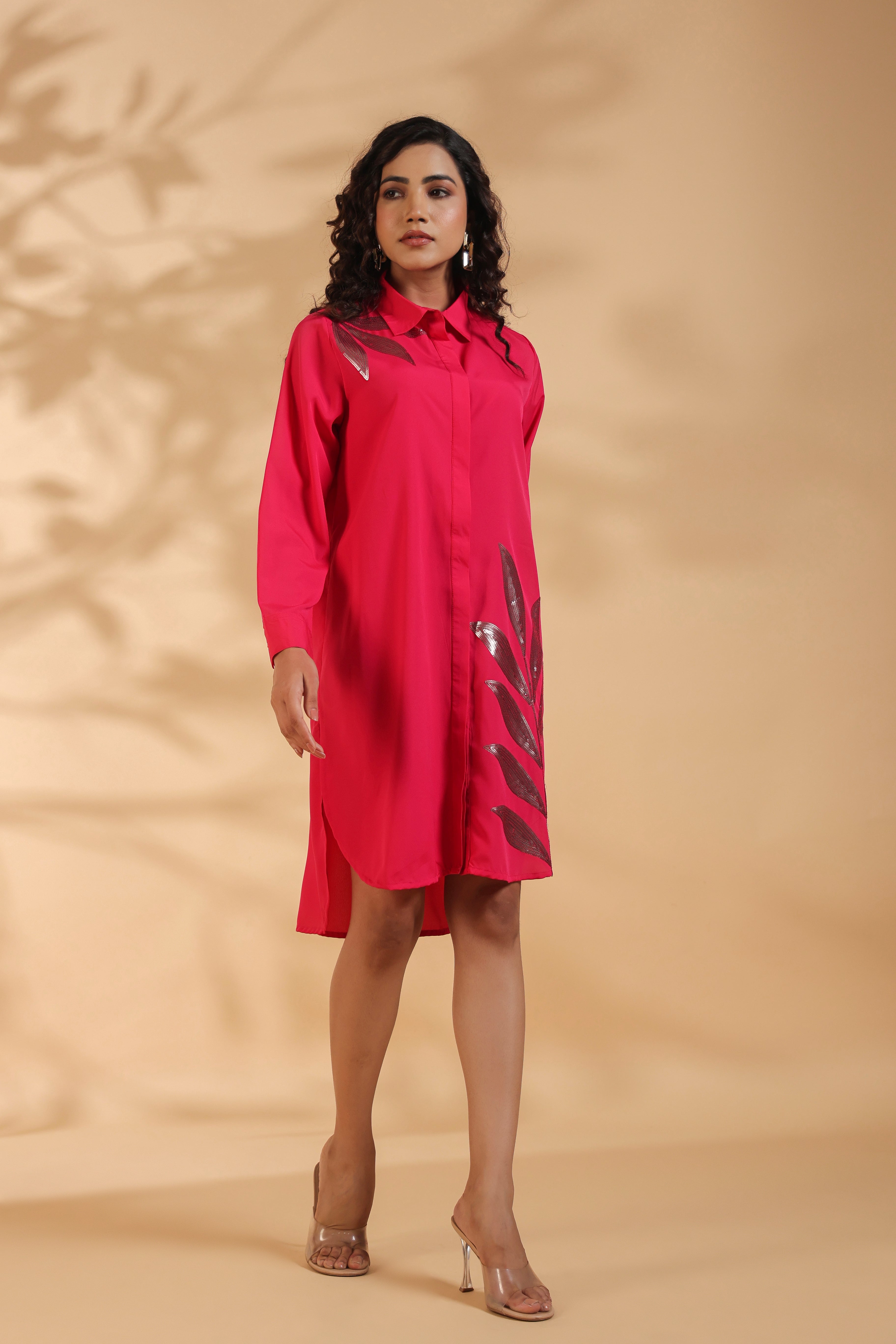 Pink Embroidered Shirt Pattern Midi Dress