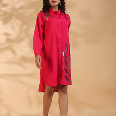 Pink Embroidered Shirt Pattern Midi Dress