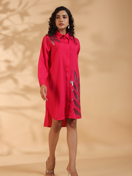 Pink Embroidered Shirt Pattern Midi Dress