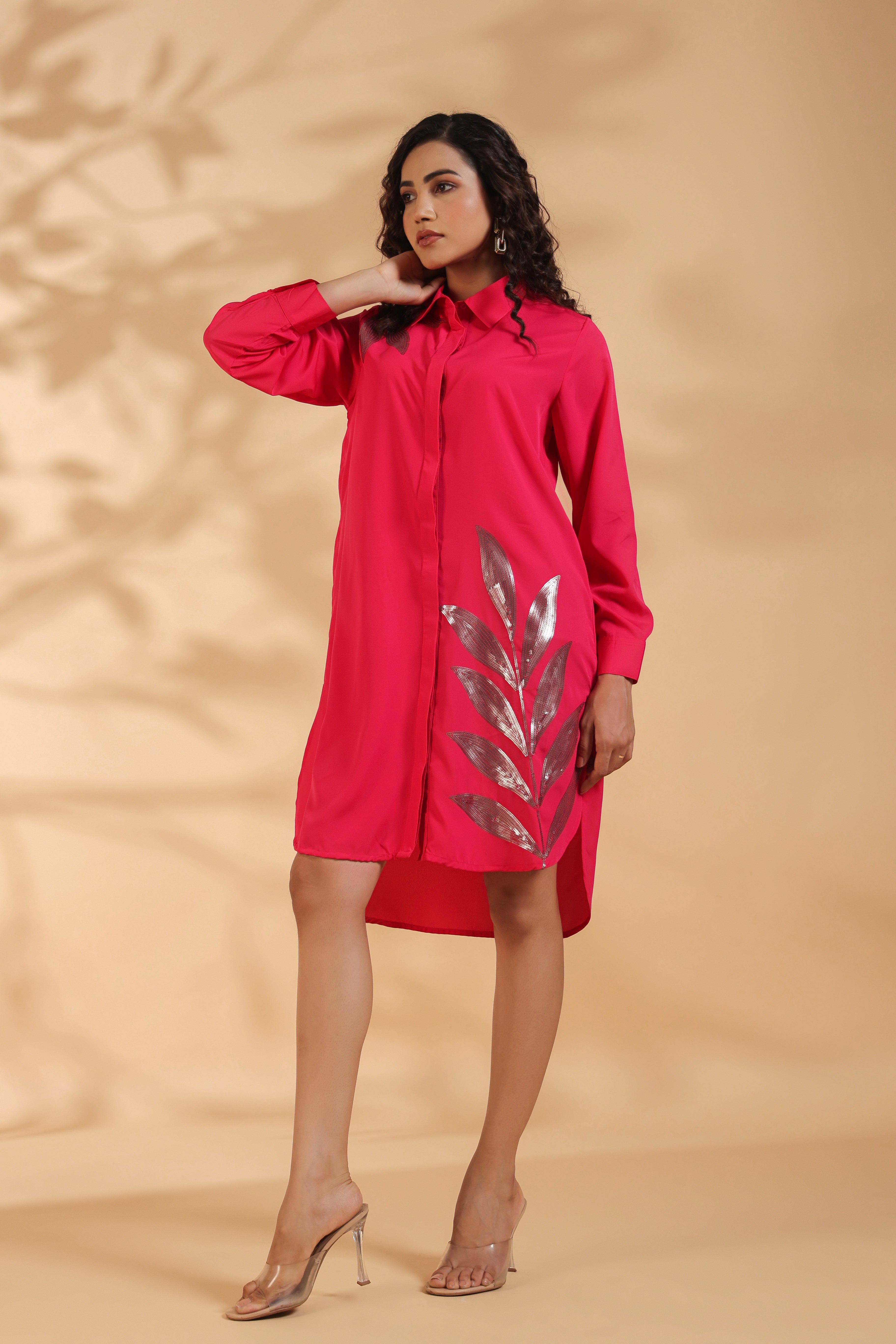 Pink Embroidered Shirt Pattern Midi Dress