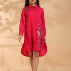 Pink Embroidered Shirt Pattern Midi Dress