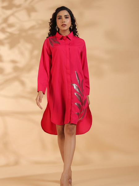 Pink Embroidered Shirt Pattern Midi Dress