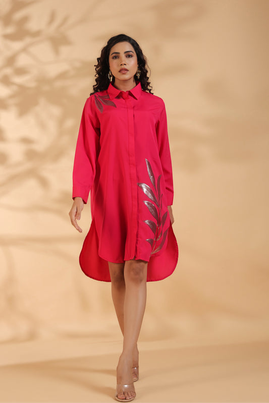 Pink Embroidered Shirt Pattern Midi Dress