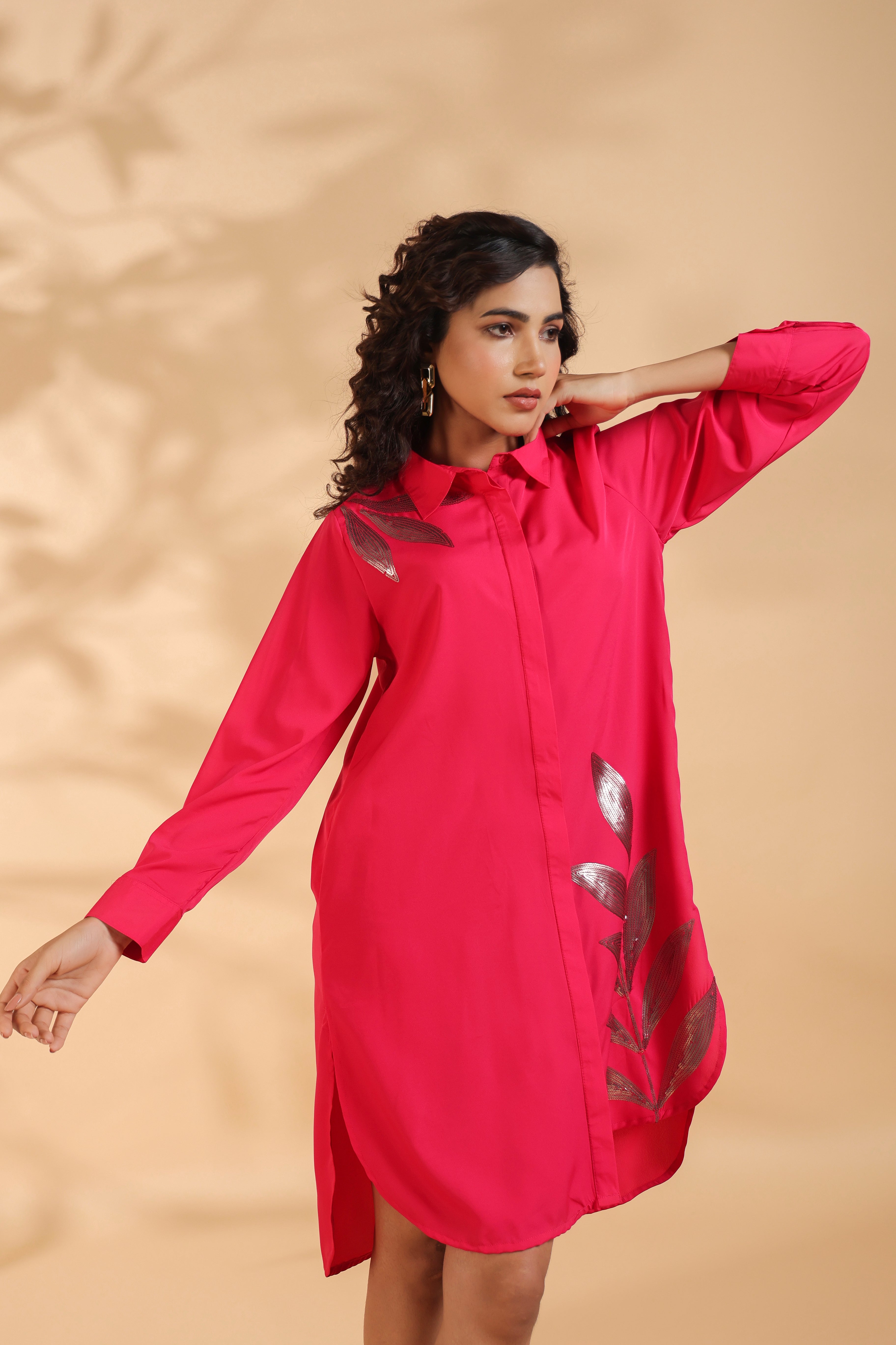 Pink Embroidered Shirt Pattern Midi Dress