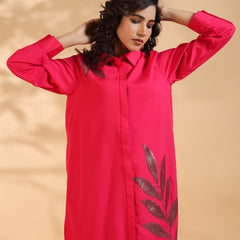 Pink Embroidered Shirt Pattern Midi Dress