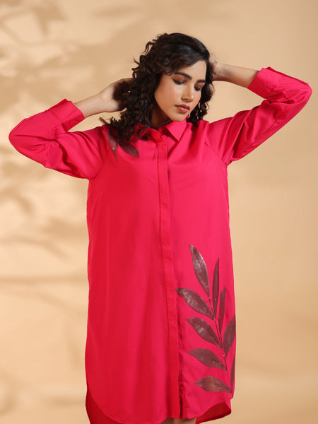 Pink Embroidered Shirt Pattern Midi Dress