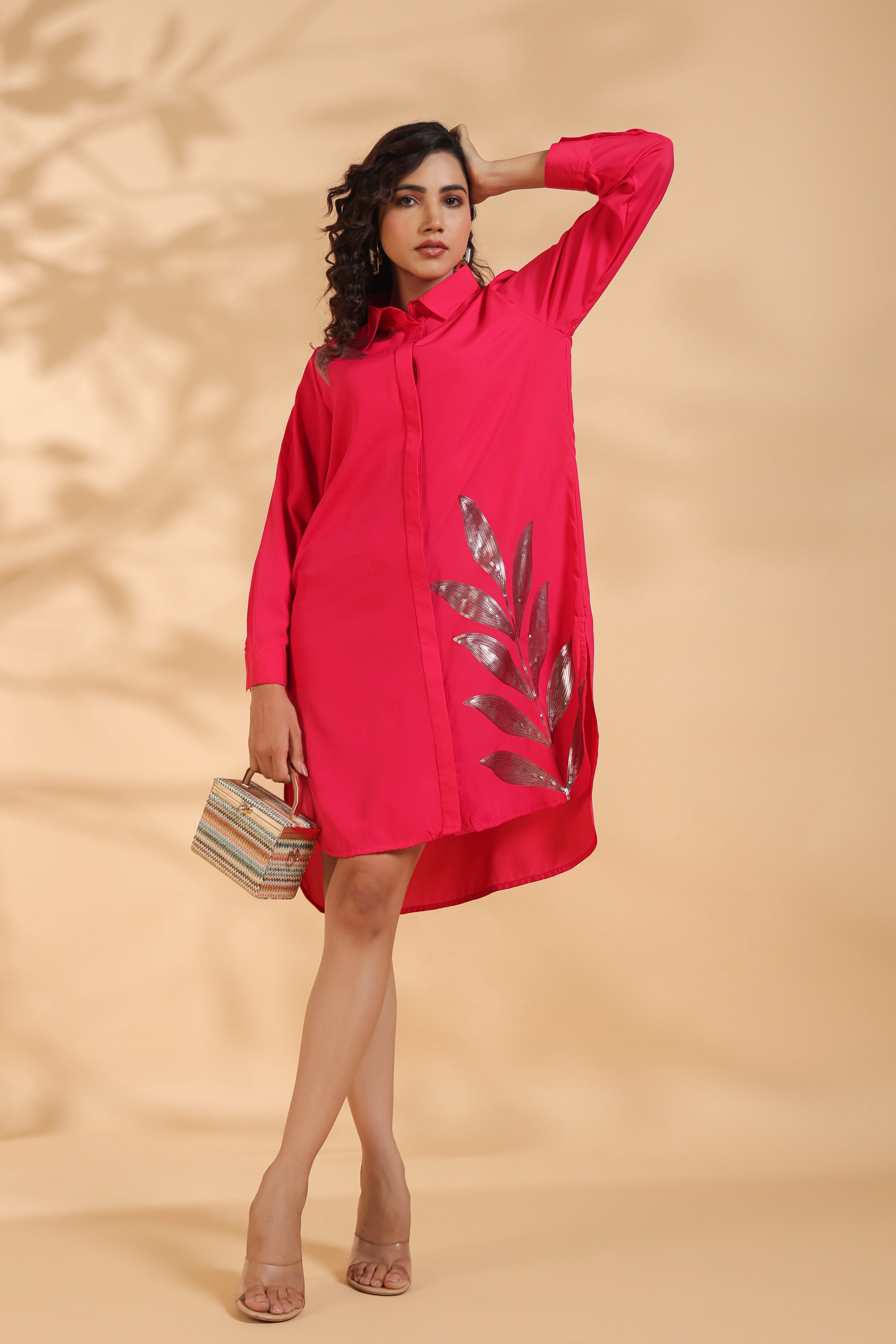 Pink Embroidered Shirt Pattern Midi Dress