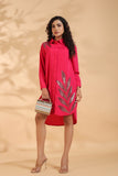 Pink Embroidered Shirt Pattern Midi Dress