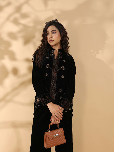 Designer Black Poly Velvet Co Ord Set