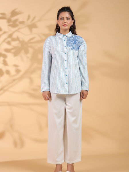 Cotton Blue Designer Embroidered Shirt