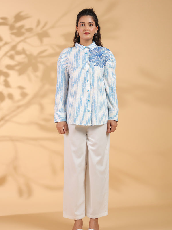 Cotton Blue Designer Embroidered Shirt