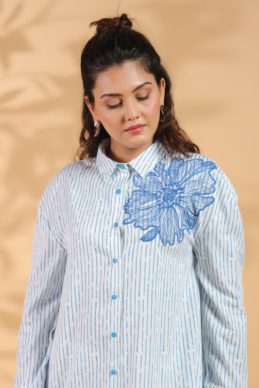 Cotton Blue Designer Embroidered Shirt