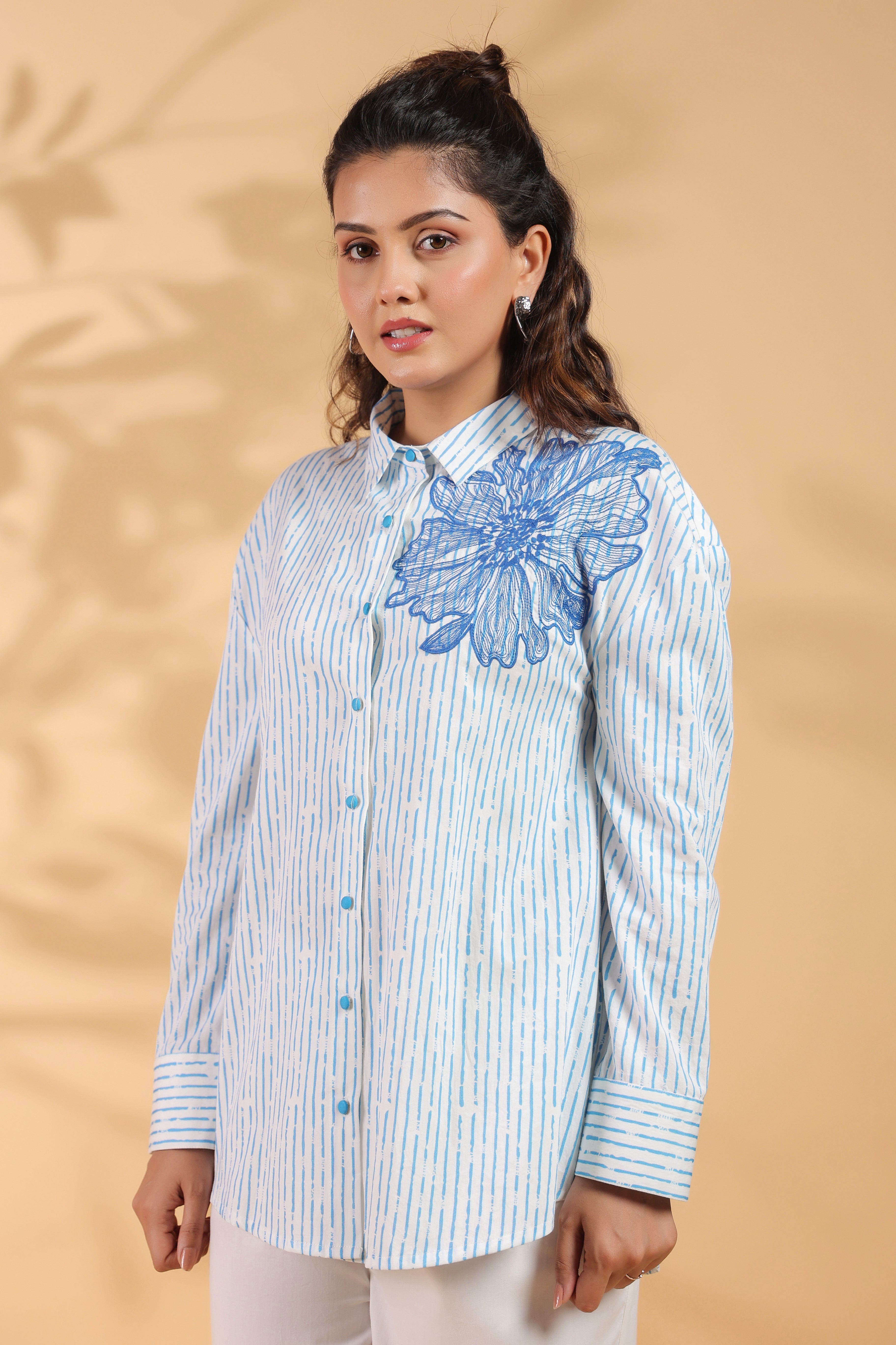 Cotton Blue Designer Embroidered Shirt