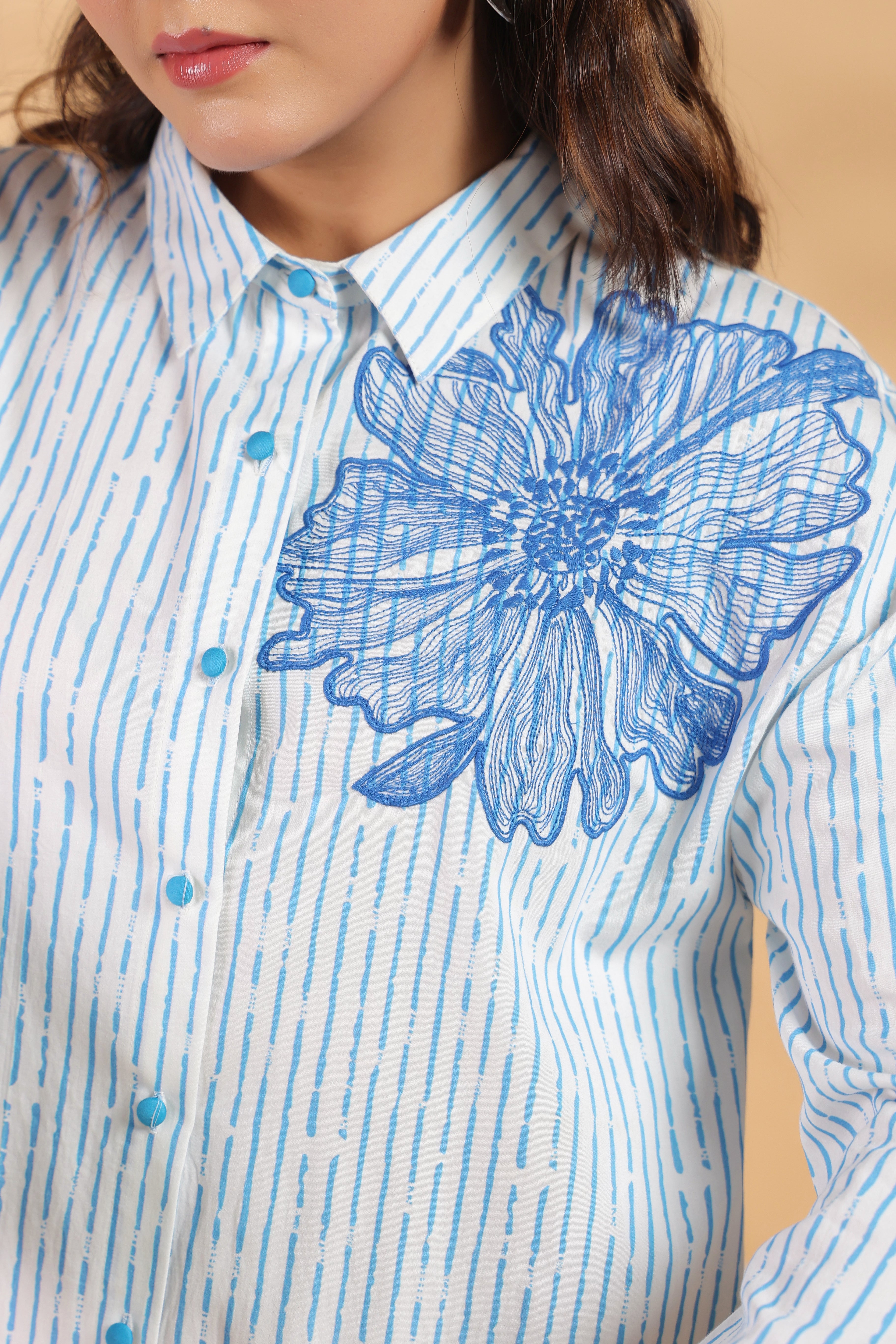 Cotton Blue Designer Embroidered Shirt