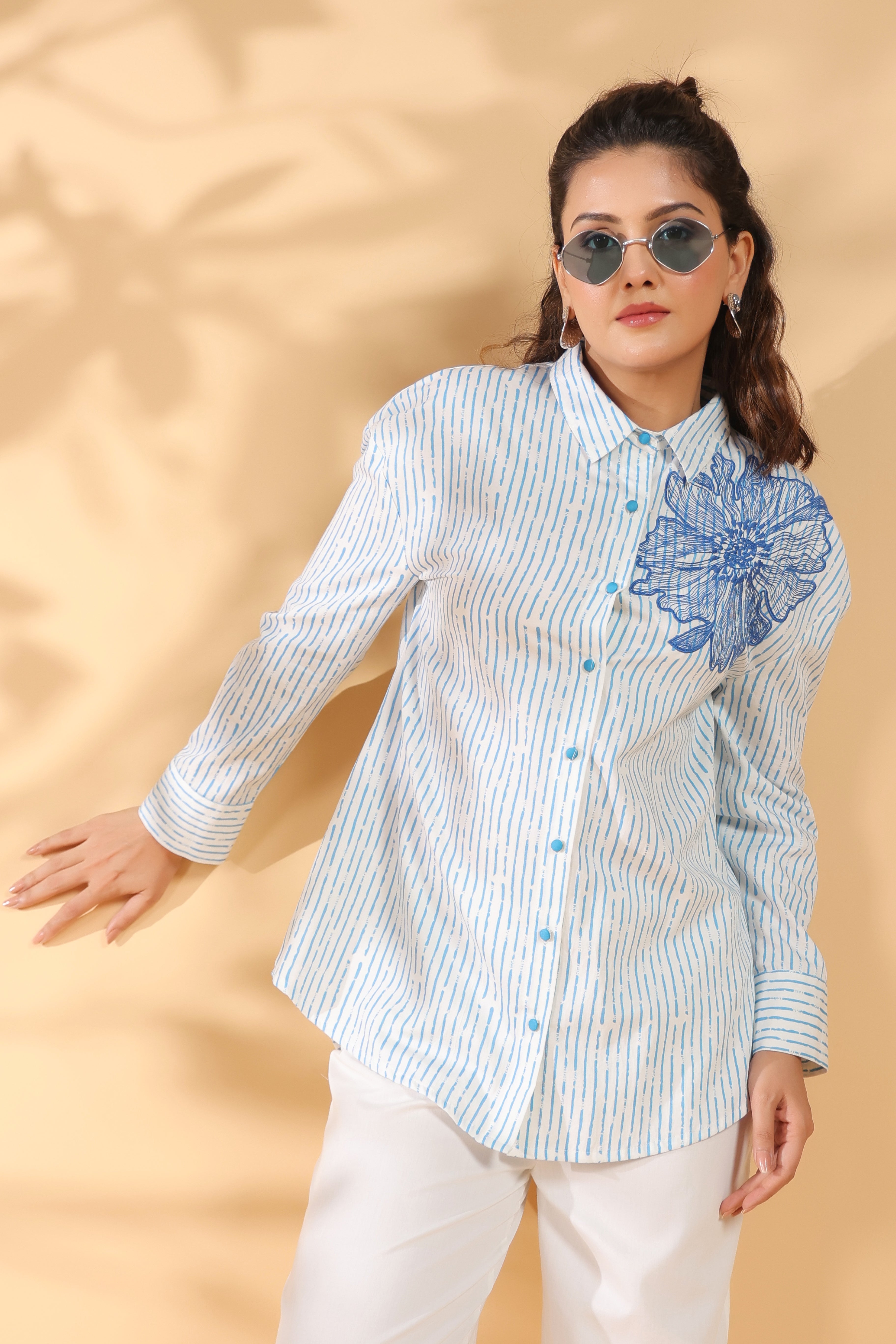 Cotton Blue Designer Embroidered Shirt