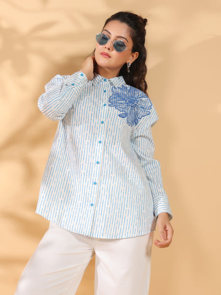 Cotton Blue Designer Embroidered Shirt
