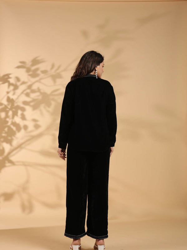 Embroidered Black Poly Velvet Co Ord Set