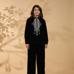 Embroidered Black Poly Velvet Co Ord Set