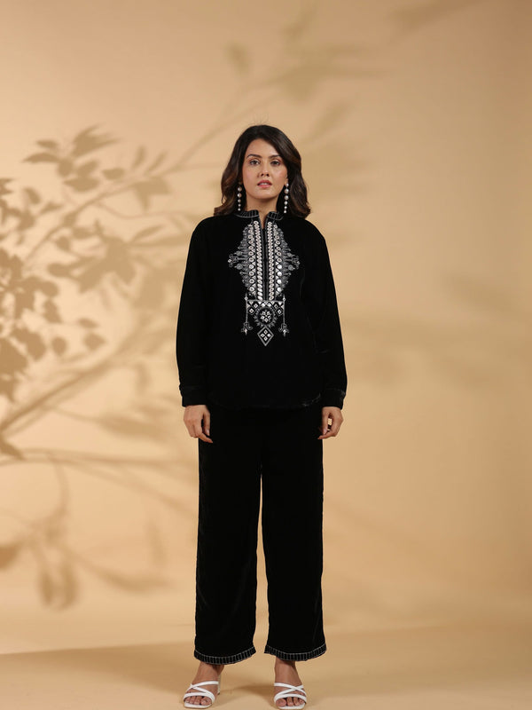 Embroidered Black Poly Velvet Co Ord Set
