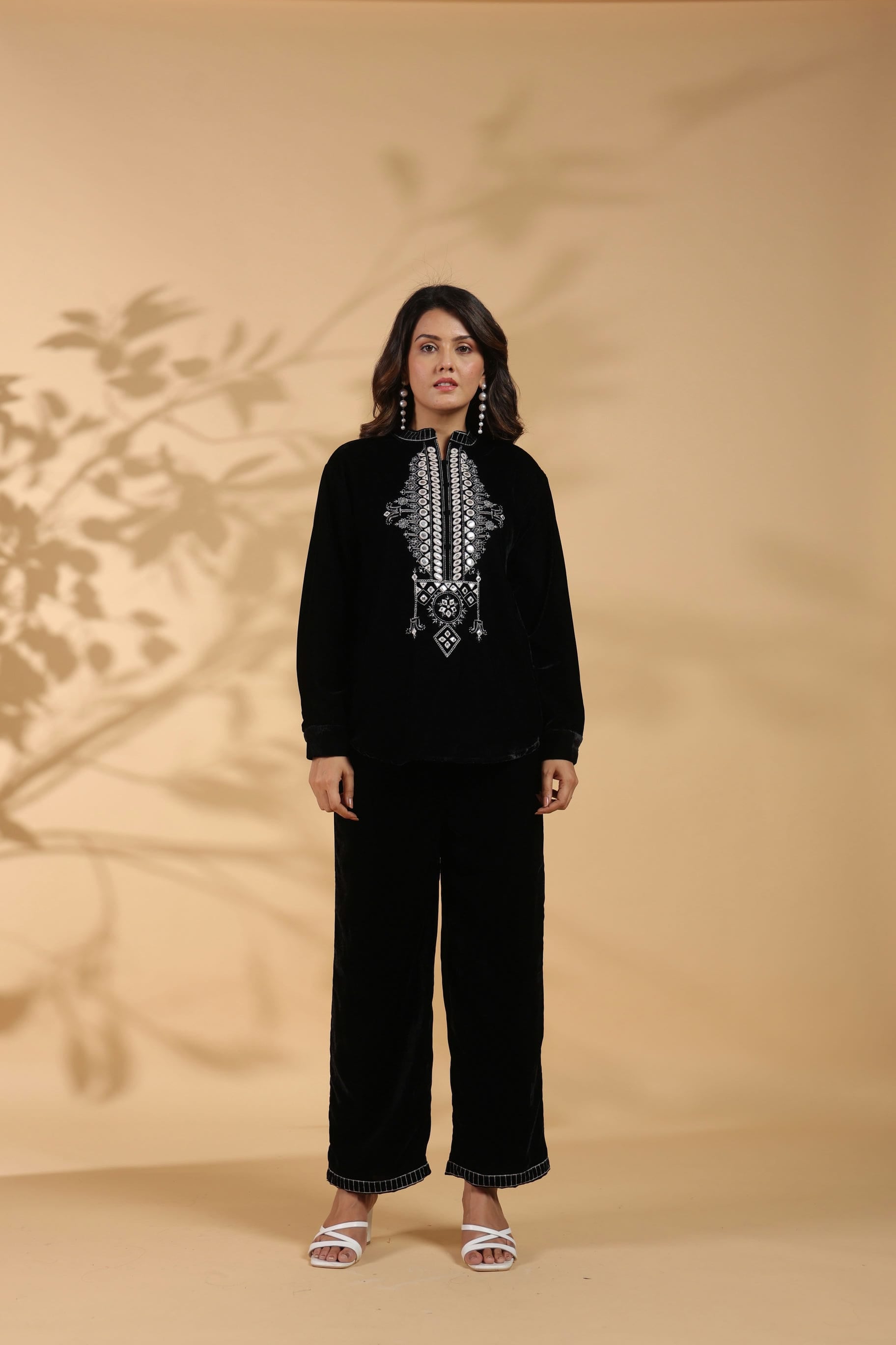 Embroidered Black Poly Velvet Co Ord Set
