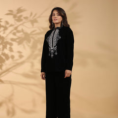 Embroidered Black Poly Velvet Co Ord Set