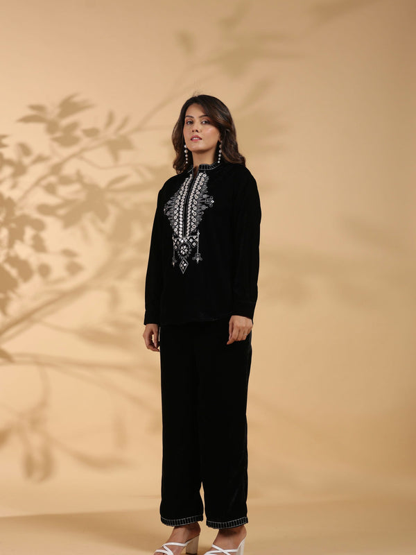Embroidered Black Poly Velvet Co Ord Set