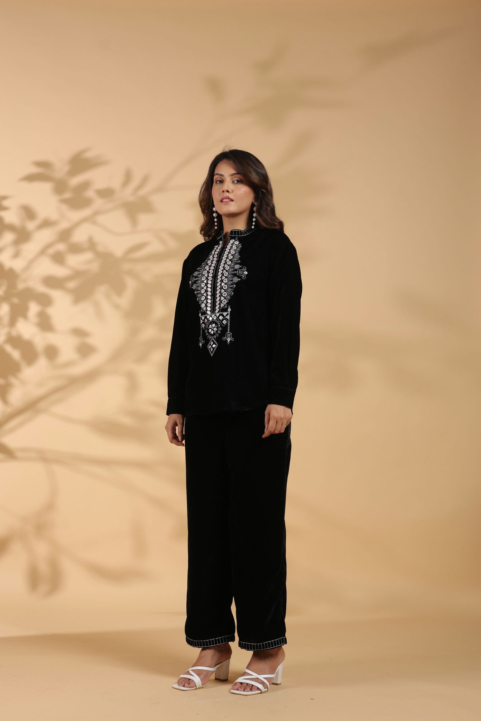 Embroidered Black Poly Velvet Co Ord Set