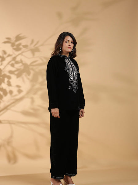 Embroidered Black Poly Velvet Co Ord Set
