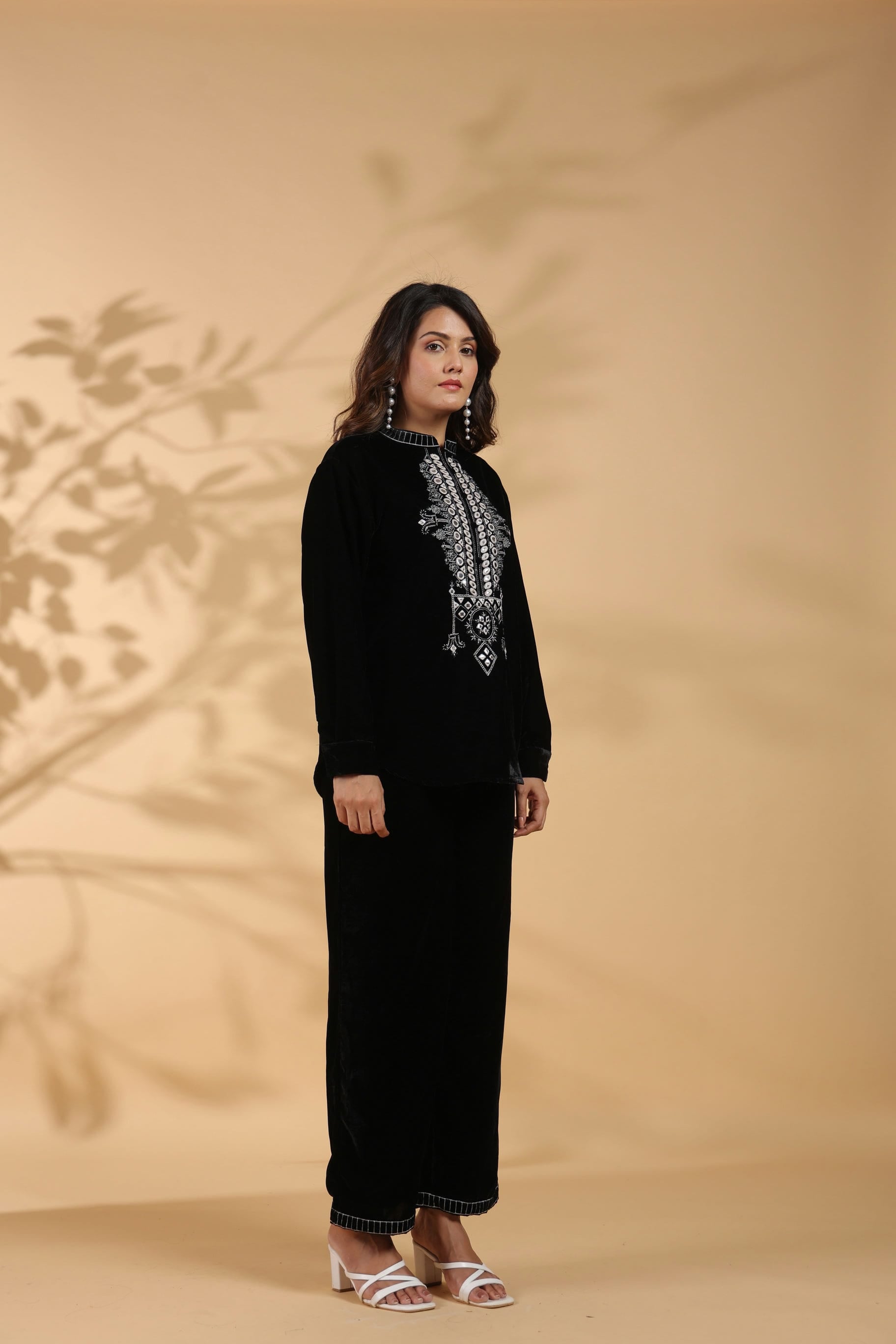 Embroidered Black Poly Velvet Co Ord Set